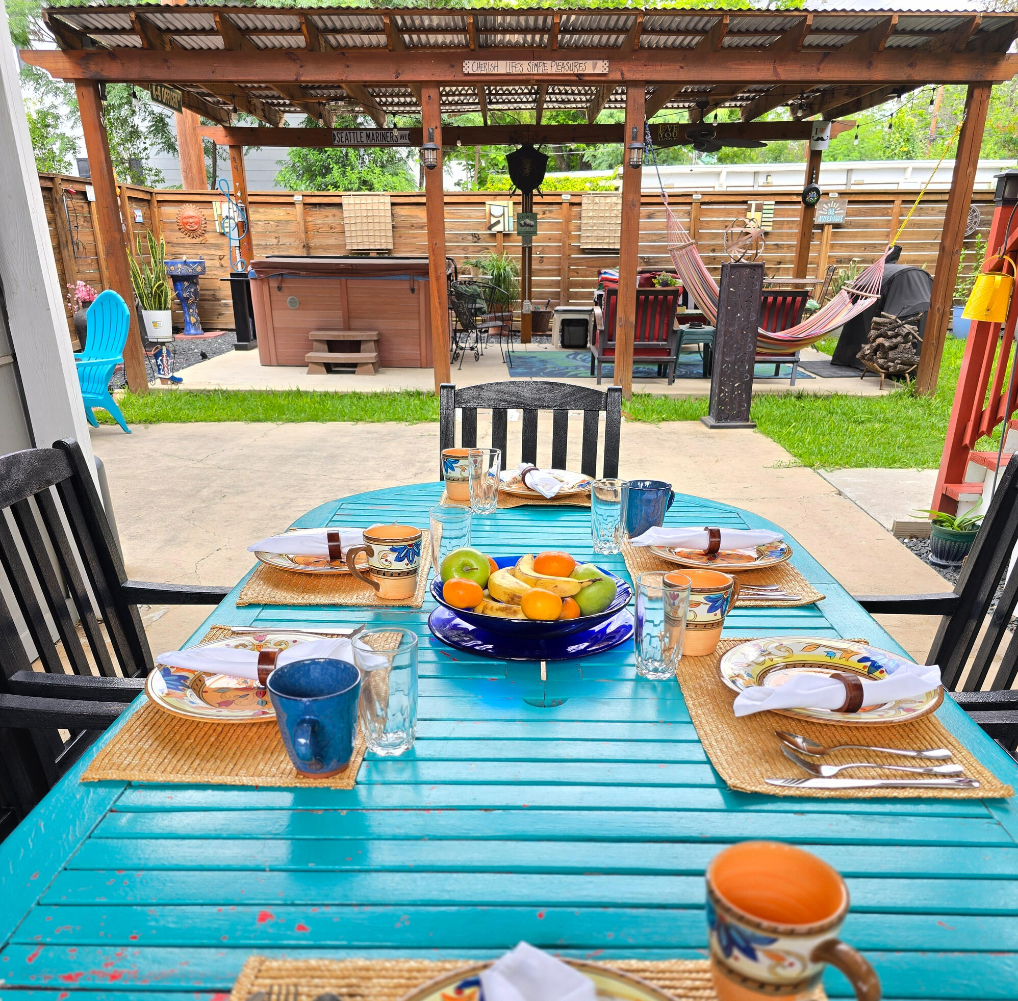 Backyard Patio Dining with Hot Tub View